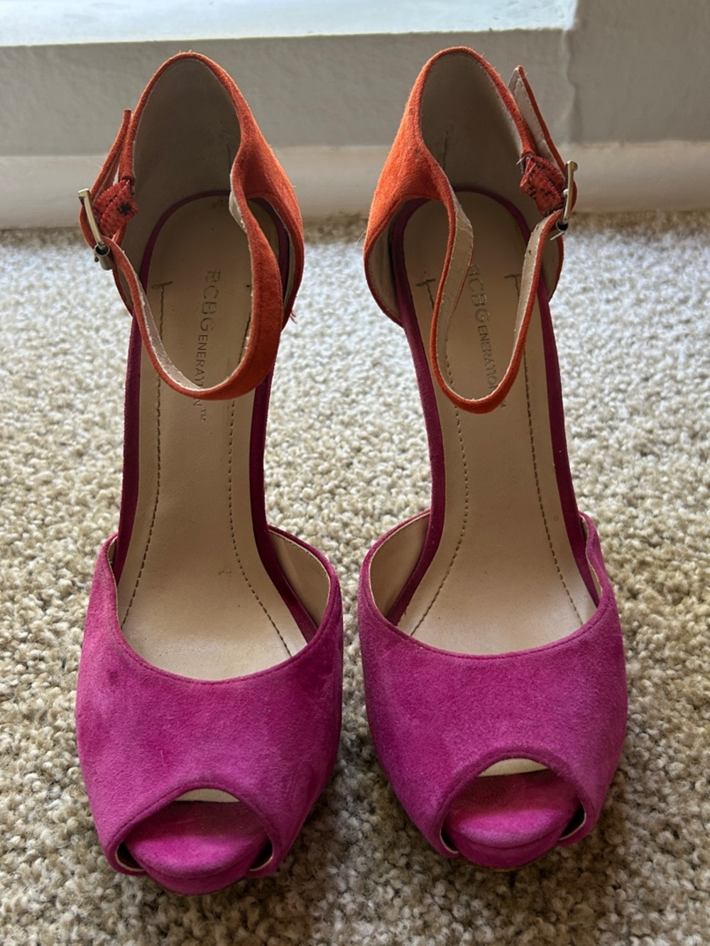 BCBGeneration Fuchsia and Orange Suede Peep-Toe Ankle-Strap Heels